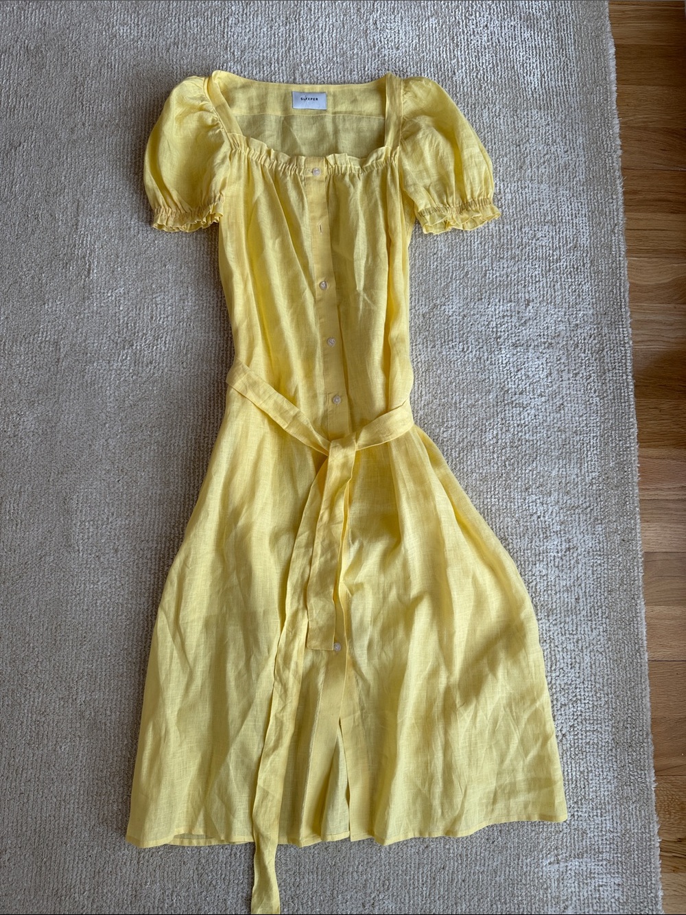 Sleeper Yellow Puff-Sleeve Button Midi Dress
